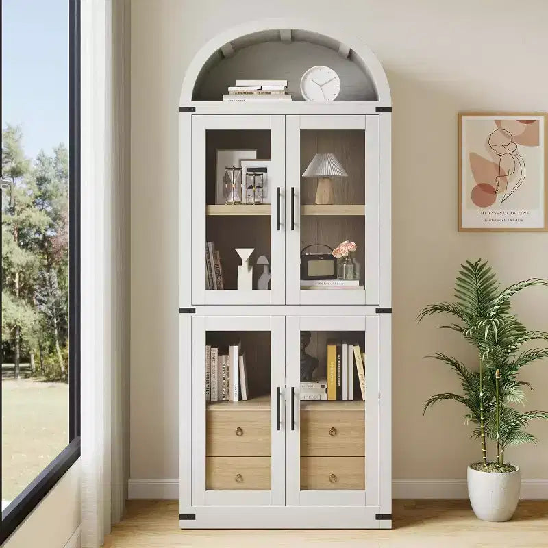 Étagère arquée de 181,3 cm avec rangement, bibliothèque de ferme à 4 niveaux, avec portes et tiroirs, pour salon, cuisine
