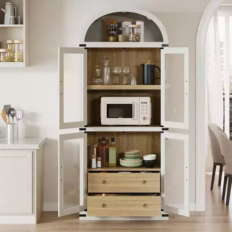 Étagère arquée de 181,3 cm avec rangement, bibliothèque de ferme à 4 niveaux, avec portes et tiroirs, pour salon, cuisine