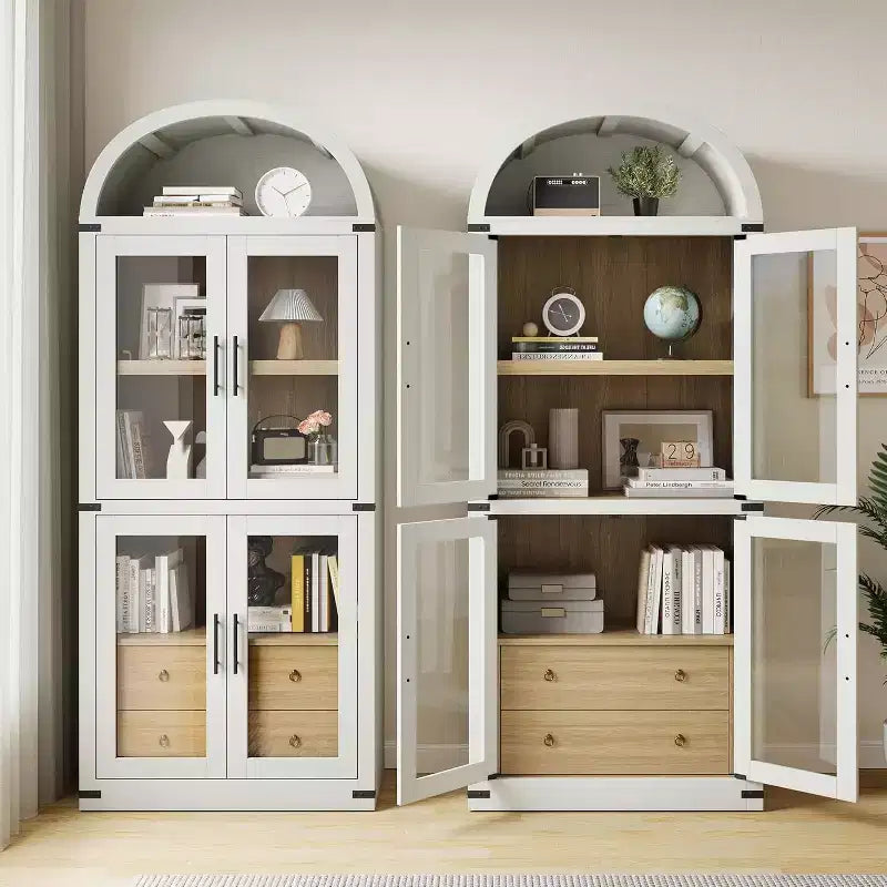 Étagère arquée de 181,3 cm avec rangement, bibliothèque de ferme à 4 niveaux, avec portes et tiroirs, pour salon, cuisine