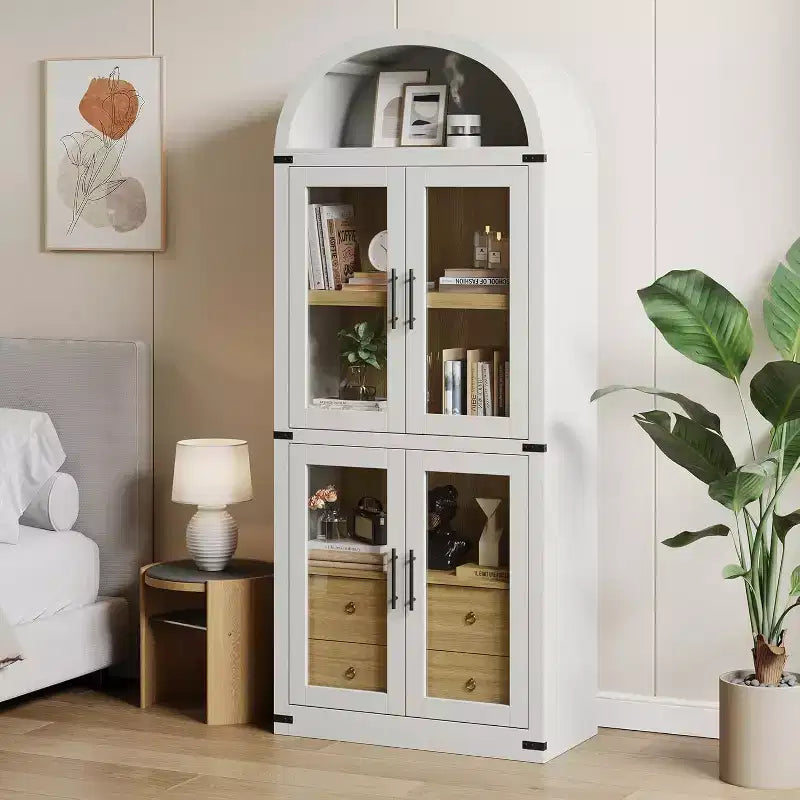 Étagère arquée de 181,3 cm avec rangement, bibliothèque de ferme à 4 niveaux, avec portes et tiroirs, pour salon, cuisine