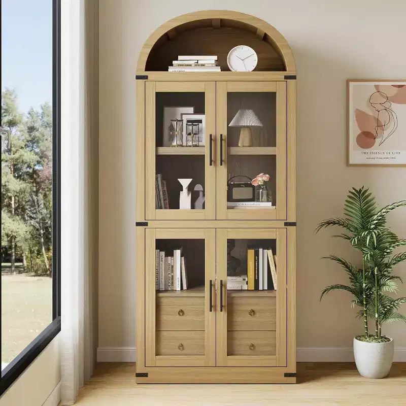 Étagère arquée de 181,3 cm avec rangement, bibliothèque de ferme à 4 niveaux, avec portes et tiroirs, pour salon, cuisine