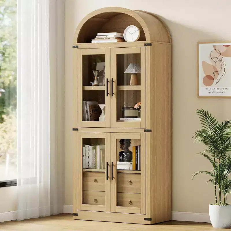 Étagère arquée de 181,3 cm avec rangement, bibliothèque de ferme à 4 niveaux, avec portes et tiroirs, pour salon, cuisine
