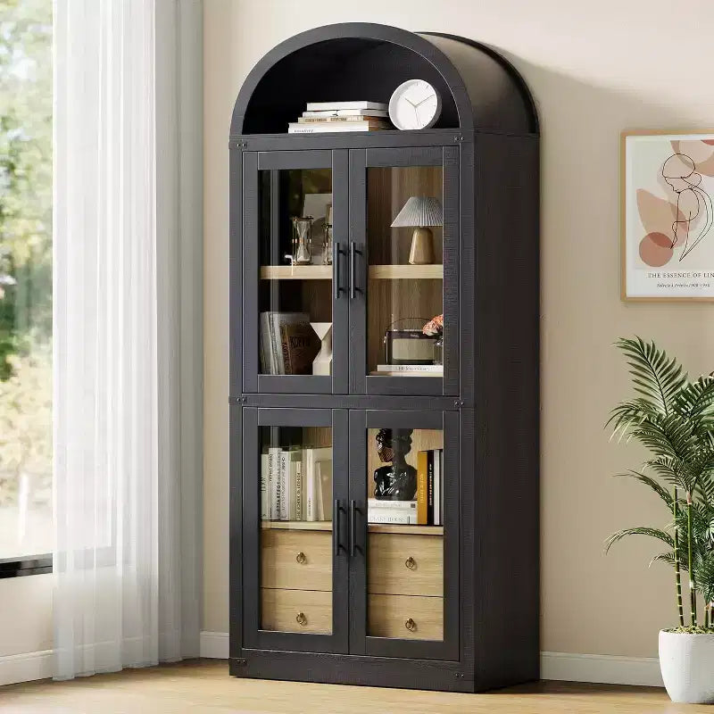 Étagère arquée de 181,3 cm avec rangement, bibliothèque de ferme à 4 niveaux, avec portes et tiroirs, pour salon, cuisine