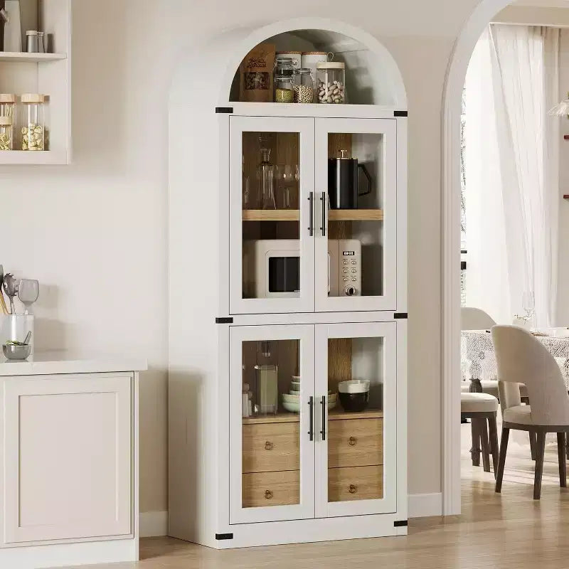 Étagère arquée de 181,3 cm avec rangement, bibliothèque de ferme à 4 niveaux, avec portes et tiroirs, pour salon, cuisine