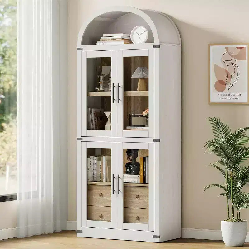 Étagère arquée de 181,3 cm avec rangement, bibliothèque de ferme à 4 niveaux, avec portes et tiroirs, pour salon, cuisine