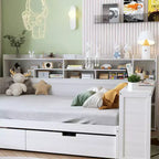 Bellemave Lit de repos double en bois avec étagères de rangement, lit multifonctionnel avec deux tiroirs de rangement et bureau, blanc antique