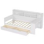 Bellemave Lit de repos double en bois avec étagères de rangement, lit multifonctionnel avec deux tiroirs de rangement et bureau, blanc antique