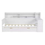 Bellemave Lit de repos double en bois avec étagères de rangement, lit multifonctionnel avec deux tiroirs de rangement et bureau, blanc antique