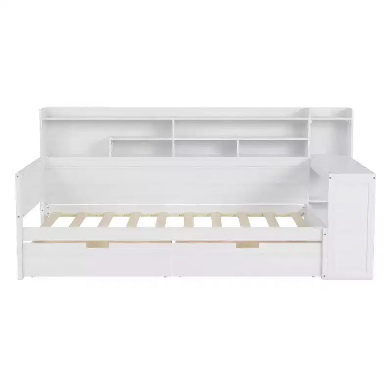 Bellemave Lit de repos double en bois avec étagères de rangement, lit multifonctionnel avec deux tiroirs de rangement et bureau, blanc antique