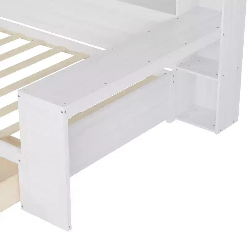Bellemave Lit de repos double en bois avec étagères de rangement, lit multifonctionnel avec deux tiroirs de rangement et bureau, blanc antique