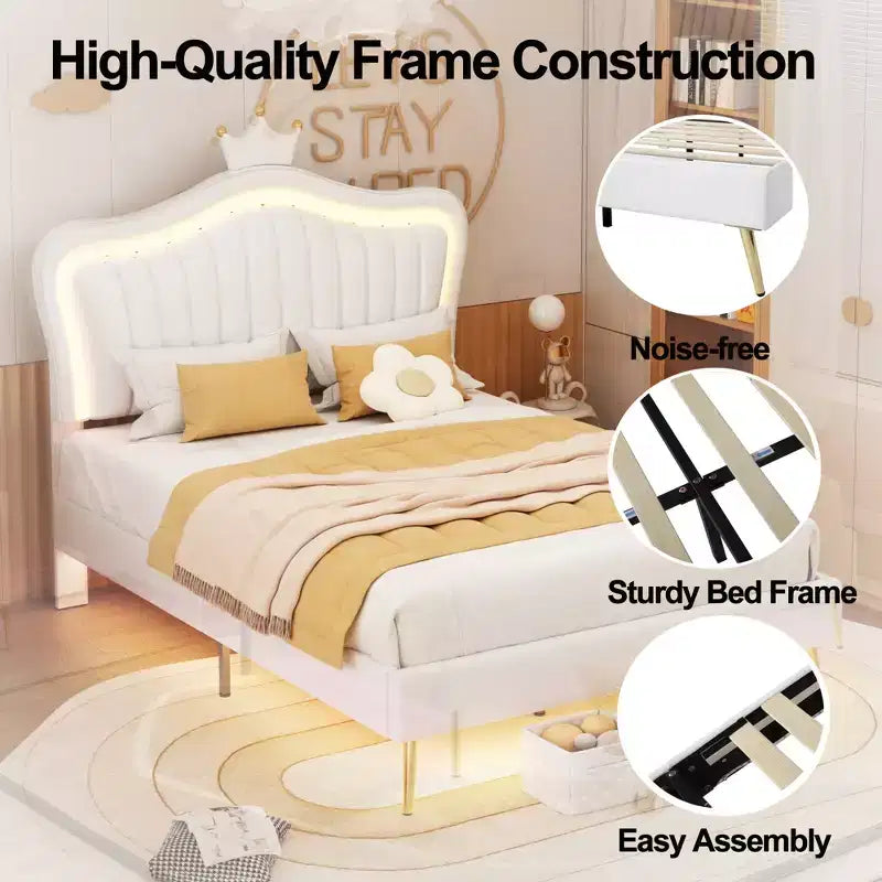 Bellemave Tête de lit Couronne Grand Lit Double Princesse Lit Rembourré avec Lumières LED Tête de lit Réglable pour Filles, Blanc