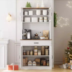 Coolmee Meuble haut de cuisine de 180 cm avec support pour micro-ondes et bar à café, armoire autoportante avec étagères réglables et 4 portes