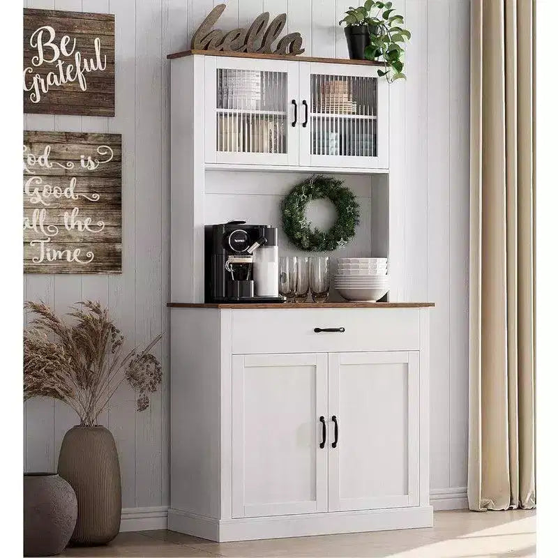Coolmee Meuble haut de cuisine de 180 cm avec support pour micro-ondes et bar à café, armoire autoportante avec étagères réglables et 4 portes