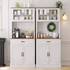Coolmee Meuble haut de cuisine de 180 cm avec support pour micro-ondes et bar à café, armoire autoportante avec étagères réglables et 4 portes