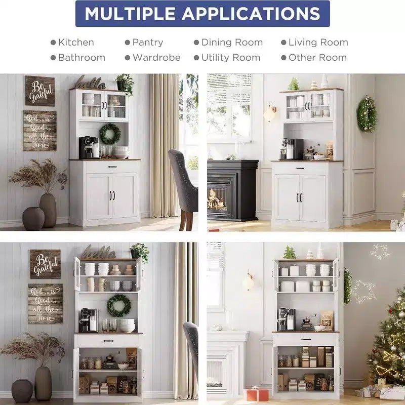 Coolmee Meuble haut de cuisine de 180 cm avec support pour micro-ondes et bar à café, armoire autoportante avec étagères réglables et 4 portes