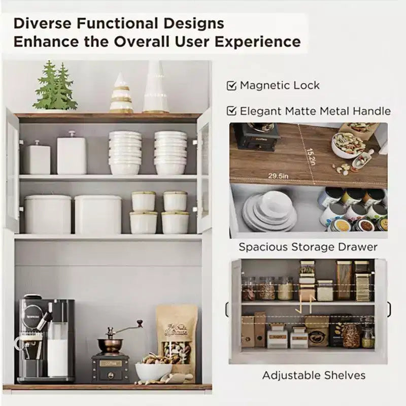Coolmee Meuble haut de cuisine de 180 cm avec support pour micro-ondes et bar à café, armoire autoportante avec étagères réglables et 4 portes