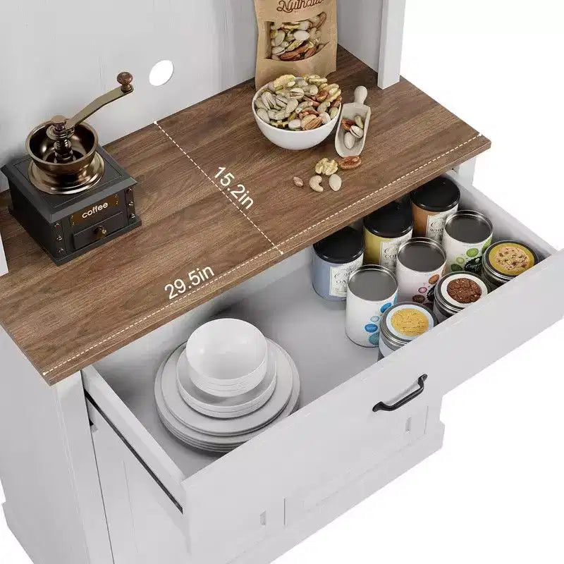 Coolmee Meuble haut de cuisine de 180 cm avec support pour micro-ondes et bar à café, armoire autoportante avec étagères réglables et 4 portes