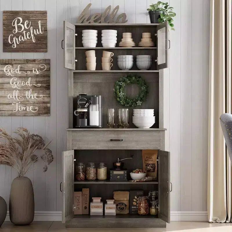 Coolmee Meuble haut de cuisine de 180 cm avec support pour micro-ondes et bar à café, armoire autoportante avec étagères réglables et 4 portes
