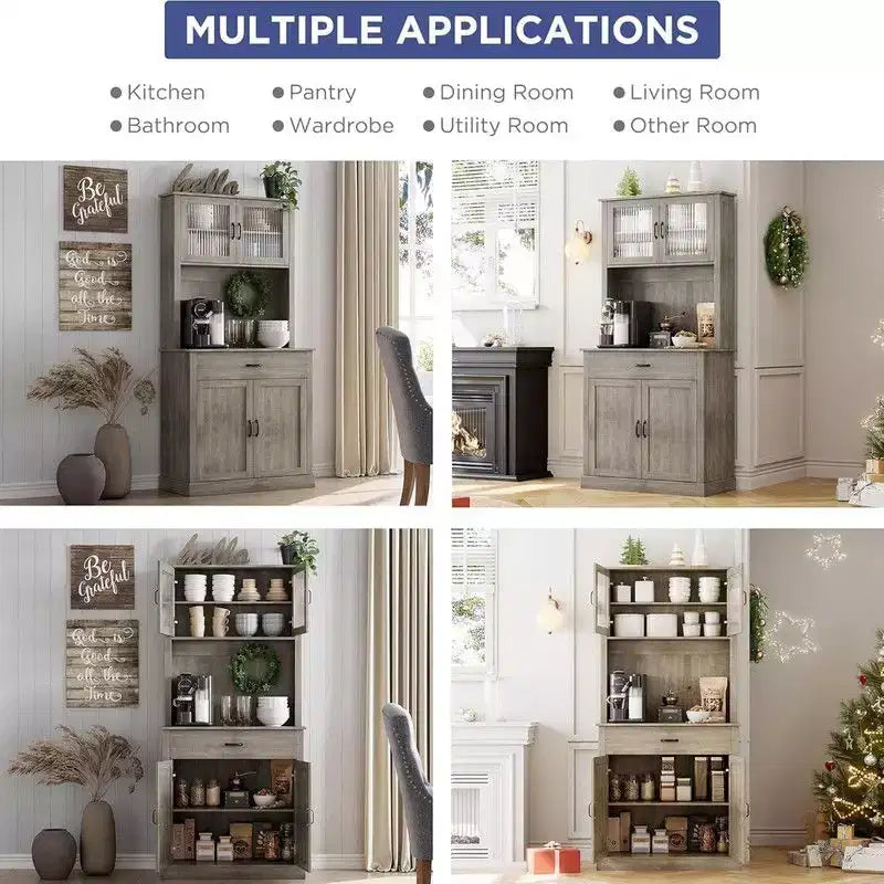 Coolmee Meuble haut de cuisine de 180 cm avec support pour micro-ondes et bar à café, armoire autoportante avec étagères réglables et 4 portes