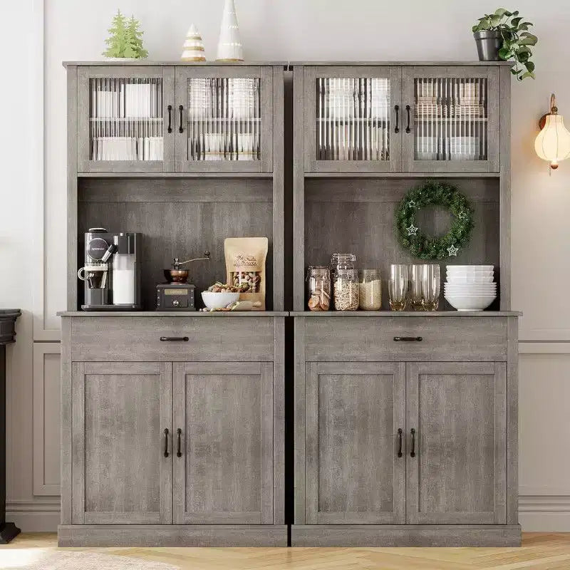 Coolmee Meuble haut de cuisine de 180 cm avec support pour micro-ondes et bar à café, armoire autoportante avec étagères réglables et 4 portes