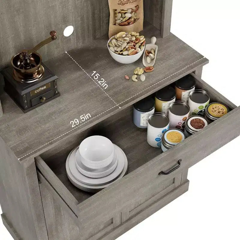 Coolmee Meuble haut de cuisine de 180 cm avec support pour micro-ondes et bar à café, armoire autoportante avec étagères réglables et 4 portes