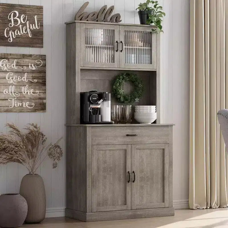 Coolmee Meuble haut de cuisine de 180 cm avec support pour micro-ondes et bar à café, armoire autoportante avec étagères réglables et 4 portes