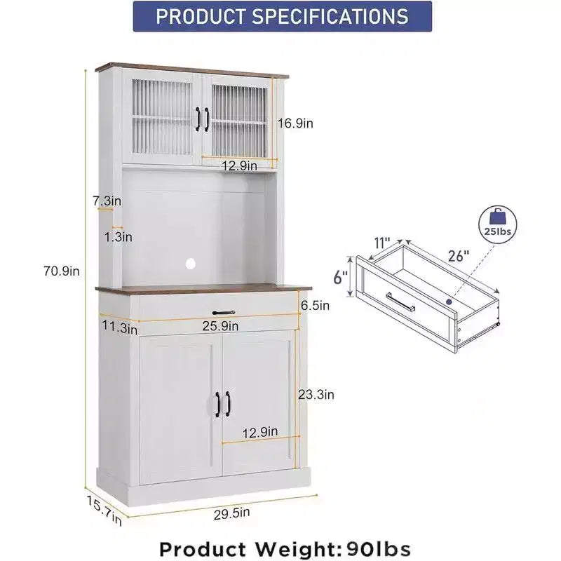 Coolmee Meuble haut de cuisine de 180 cm avec support pour micro-ondes et bar à café, armoire autoportante avec étagères réglables et 4 portes