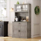 Coolmee 71 inch Kitchen Tall Pantry Cabinet with Microwave Stand and Coffee Bar, Freestanding Hutch Cabinet with Adjustable Shelves and 4 Doors
