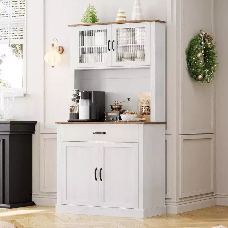 Coolmee Meuble haut de cuisine de 180 cm avec support pour micro-ondes et bar à café, armoire autoportante avec étagères réglables et 4 portes