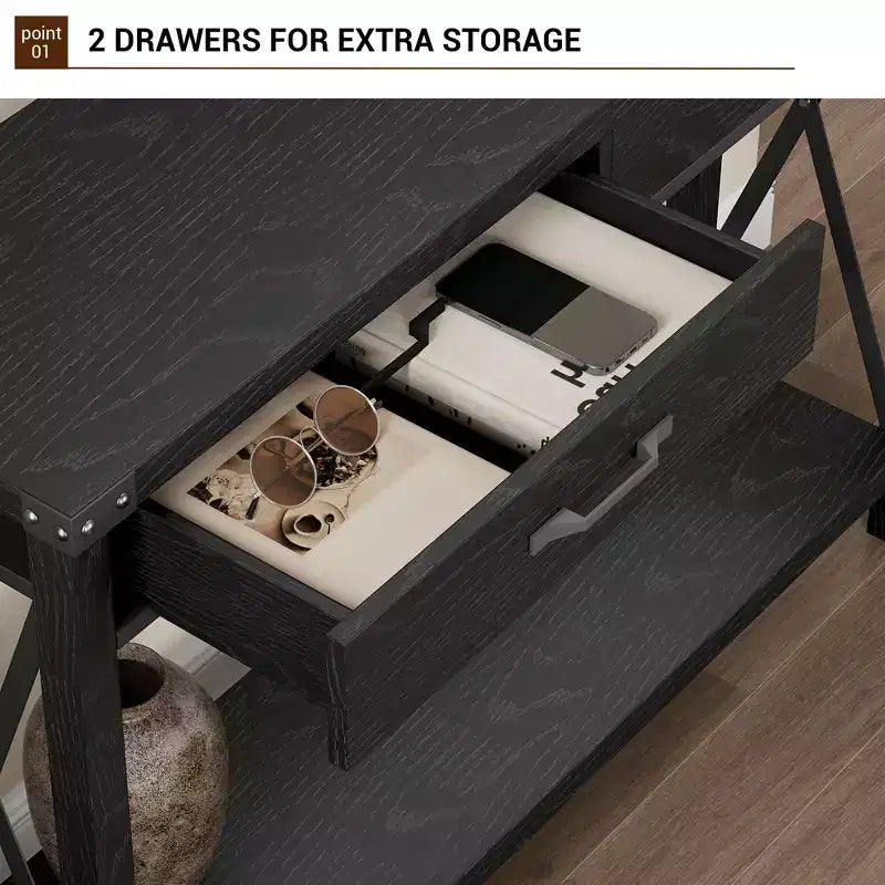 31 Console, Console de Style Industriel avec Tiroirs et Étagères Ouvertes, Table d'Appoint Étroite à 2 Niveaux, Table d'Entrée