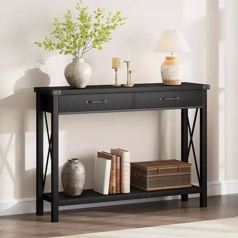 31 Console, Console de Style Industriel avec Tiroirs et Étagères Ouvertes, Table d'Appoint Étroite à 2 Niveaux, Table d'Entrée