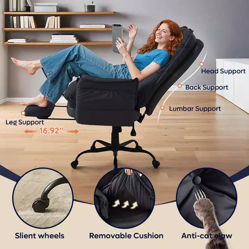 Chaise de bureau Bestier avec repose-pieds et accoudoirs relevables, chaise ergonomique à dossier haut avec poches latérales, chaise en cuir à pieds croisés avec roulettes