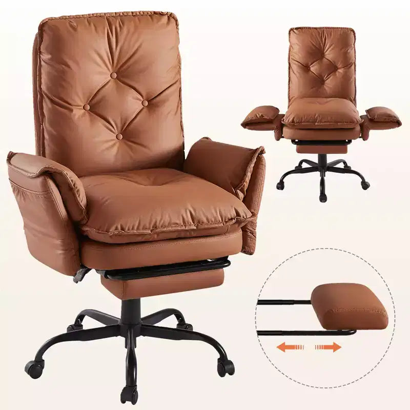 Chaise de bureau Bestier avec repose-pieds et accoudoirs relevables, chaise ergonomique à dossier haut avec poches latérales, chaise en cuir à pieds croisés avec roulettes