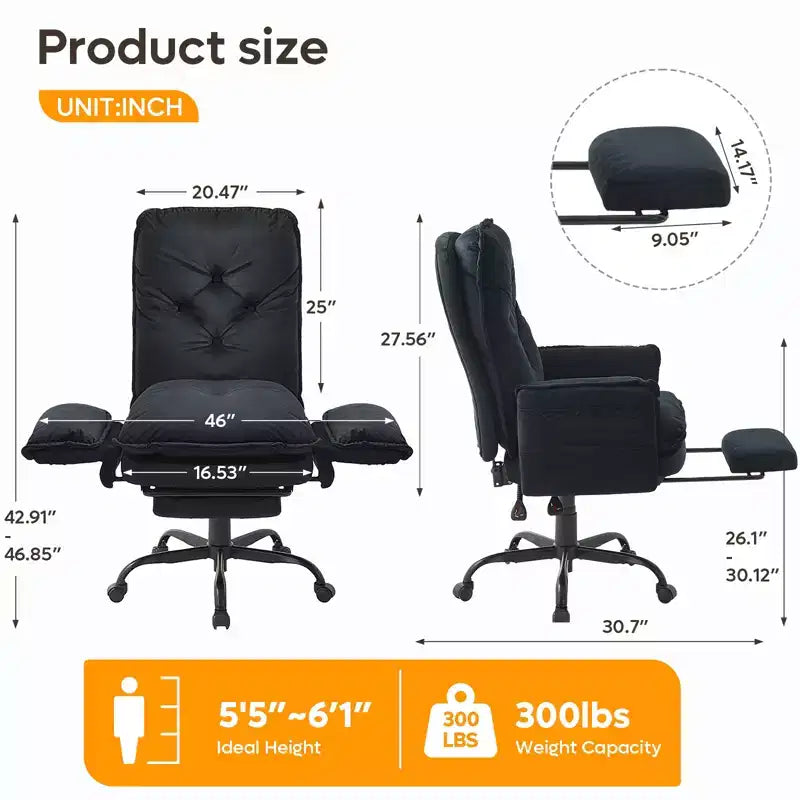 Chaise de bureau Bestier avec repose-pieds et accoudoirs relevables, chaise ergonomique à dossier haut avec poches latérales, chaise en cuir à pieds croisés avec roulettes