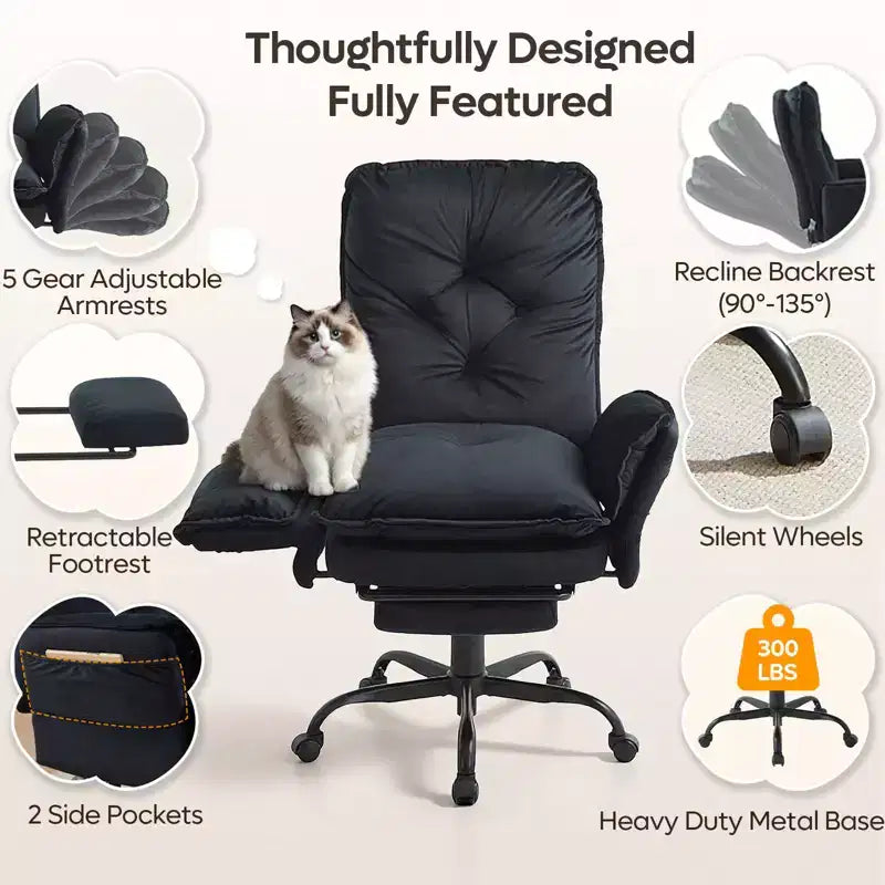 Chaise de bureau Bestier avec repose-pieds et accoudoirs relevables, chaise ergonomique à dossier haut avec poches latérales, chaise en cuir à pieds croisés avec roulettes