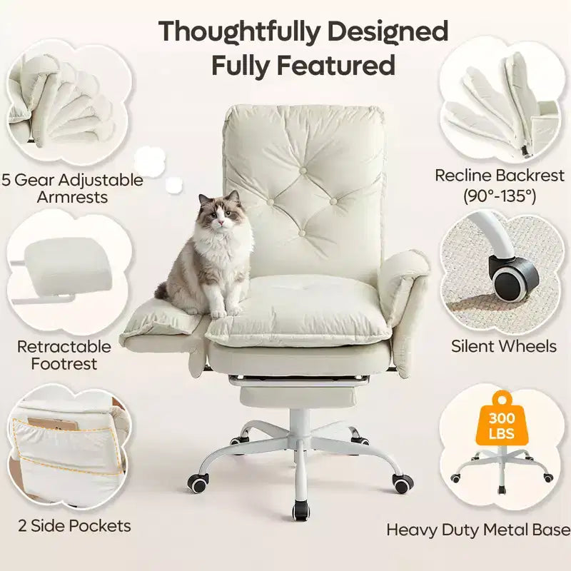 Chaise de bureau Bestier avec repose-pieds et accoudoirs relevables, chaise ergonomique à dossier haut avec poches latérales, chaise en cuir à pieds croisés avec roulettes