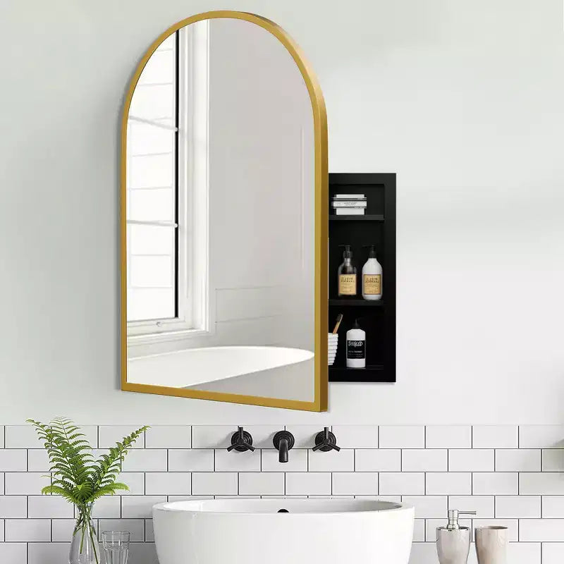 Armoire à pharmacie noire arquée de 74,9 x 100,1 cm, meuble mural de salle de bain à cadre métallique avec miroir et étagères réglables