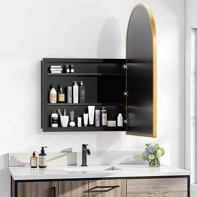 Armoire à pharmacie noire arquée de 74,9 x 100,1 cm, meuble mural de salle de bain à cadre métallique avec miroir et étagères réglables