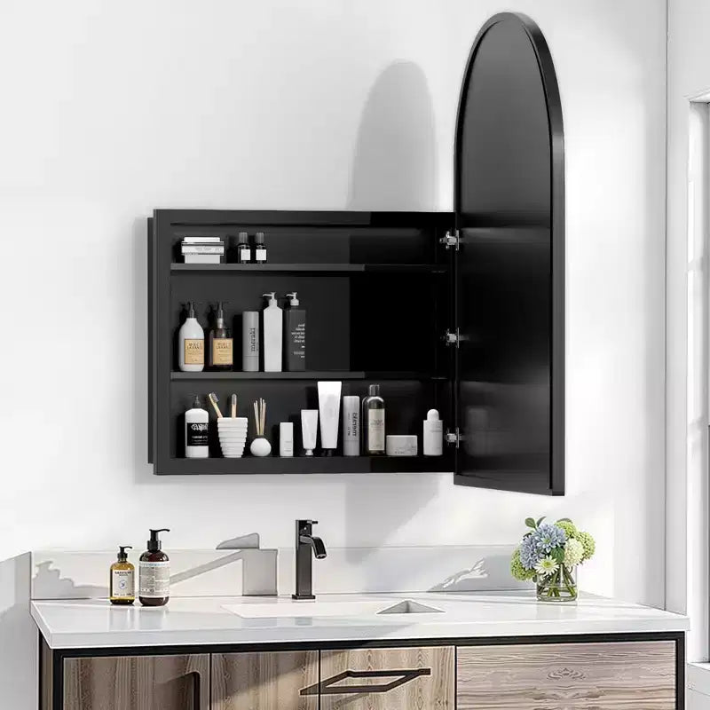 Armoire à pharmacie noire arquée de 74,9 x 100,1 cm, meuble mural de salle de bain à cadre métallique avec miroir et étagères réglables
