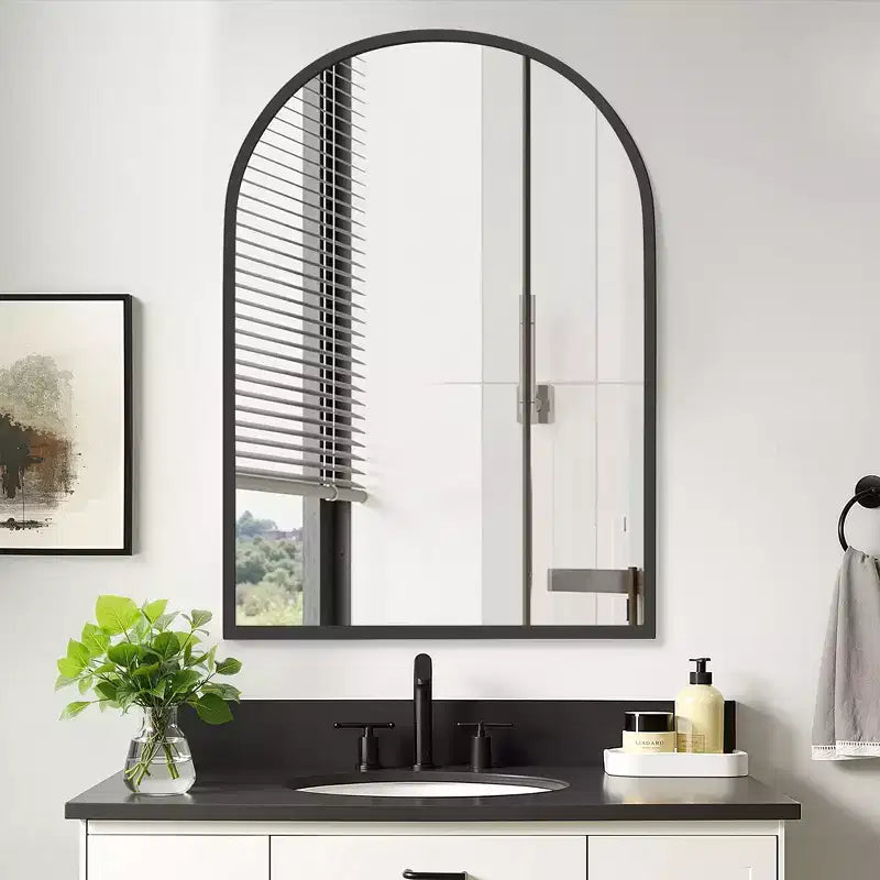 29.5 x 39.4 Inch Black Arched Medicine Cabinet, Metal Framed Bathroom Wall Cabinet with Mirror and Adjustable Shelves