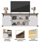 Meuble TV Coolmee de 70 pouces pour téléviseurs jusqu'à 75 pouces avec prise de courant, meuble de divertissement de style ferme avec portes coulissantes de grange et armoires de rangement