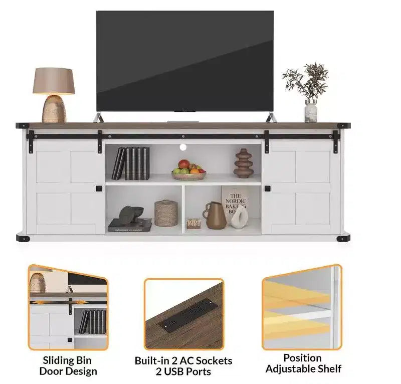 Meuble TV Coolmee de 70 pouces pour téléviseurs jusqu'à 75 pouces avec prise de courant, meuble de divertissement de style ferme avec portes coulissantes de grange et armoires de rangement