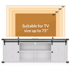 Meuble TV Coolmee de 70 pouces pour téléviseurs jusqu'à 75 pouces avec prise de courant, meuble de divertissement de style ferme avec portes coulissantes de grange et armoires de rangement