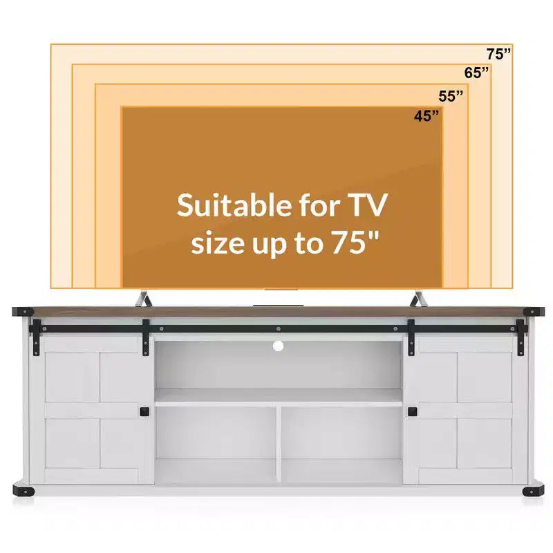 Meuble TV Coolmee de 70 pouces pour téléviseurs jusqu'à 75 pouces avec prise de courant, meuble de divertissement de style ferme avec portes coulissantes de grange et armoires de rangement