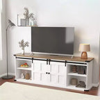 Meuble TV Coolmee de 70 pouces pour téléviseurs jusqu'à 75 pouces avec prise de courant, meuble de divertissement de style ferme avec portes coulissantes de grange et armoires de rangement