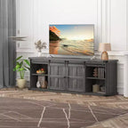 Meuble TV Coolmee de 70 pouces pour téléviseurs jusqu'à 75 pouces avec prise de courant, meuble de divertissement de style ferme avec portes coulissantes de grange et armoires de rangement