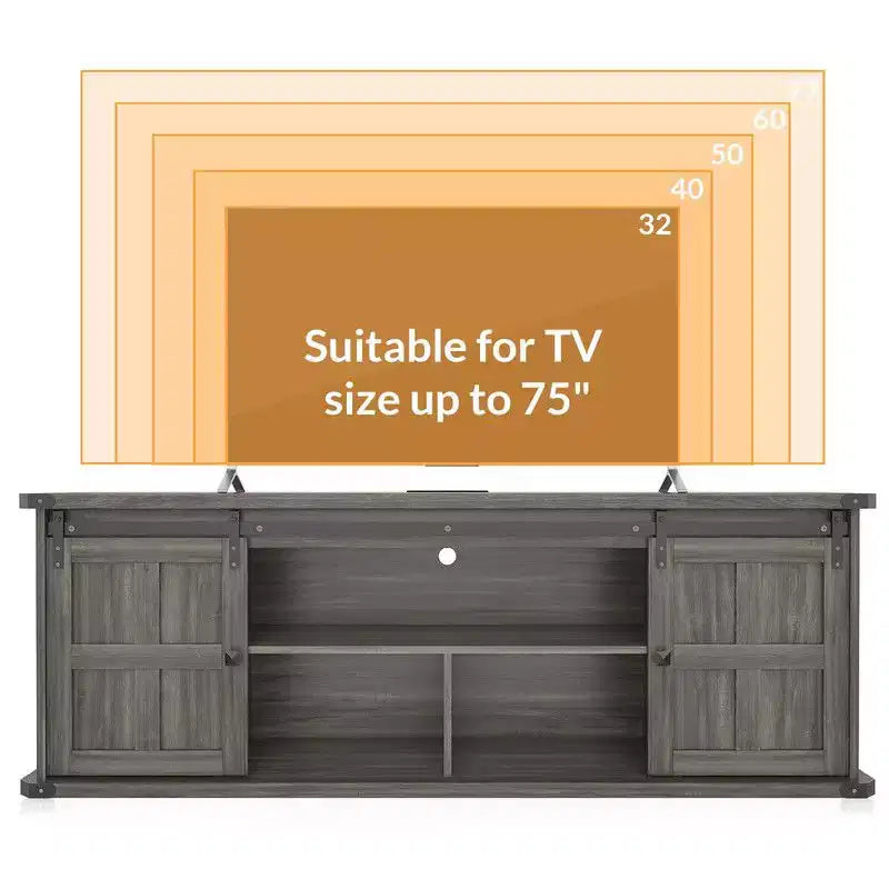 Meuble TV Coolmee de 70 pouces pour téléviseurs jusqu'à 75 pouces avec prise de courant, meuble de divertissement de style ferme avec portes coulissantes de grange et armoires de rangement