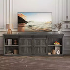 Meuble TV Coolmee de 70 pouces pour téléviseurs jusqu'à 75 pouces avec prise de courant, meuble de divertissement de style ferme avec portes coulissantes de grange et armoires de rangement