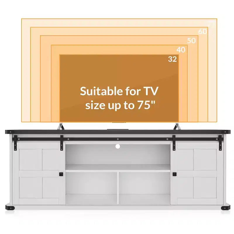 Meuble TV Coolmee de 70 pouces pour téléviseurs jusqu'à 75 pouces avec prise de courant, meuble de divertissement de style ferme avec portes coulissantes de grange et armoires de rangement