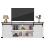 Meuble TV Coolmee de 70 pouces pour téléviseurs jusqu'à 75 pouces avec prise de courant, meuble de divertissement de style ferme avec portes coulissantes de grange et armoires de rangement